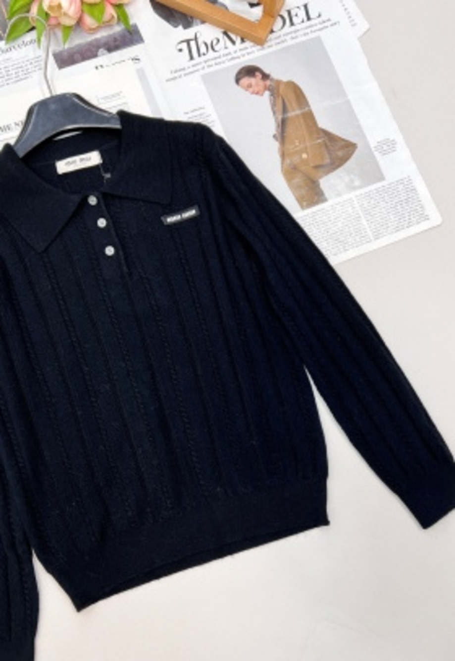 🖤Miu Miu Black Ribbed‑Knit Polo Collar Long‑Sleeve Sweater - Picture 8 of 8